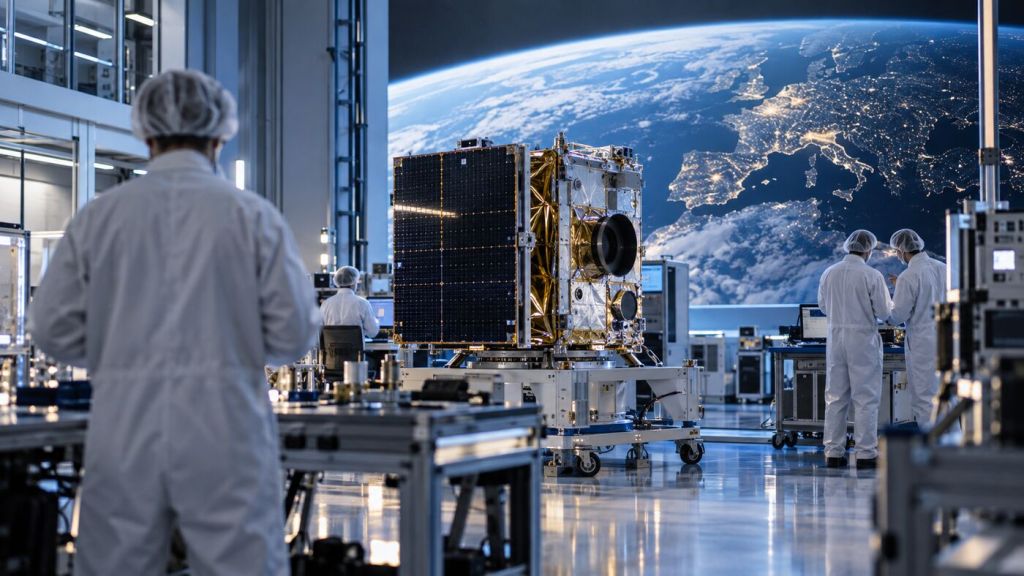 Satélite de observación terrestre en una planta europea de fabricación y montaje