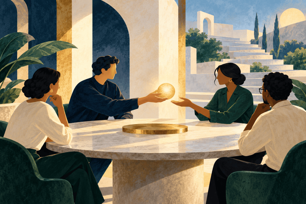 Ilustración de un equipo que comparte una esfera luminosa alrededor de una mesa.