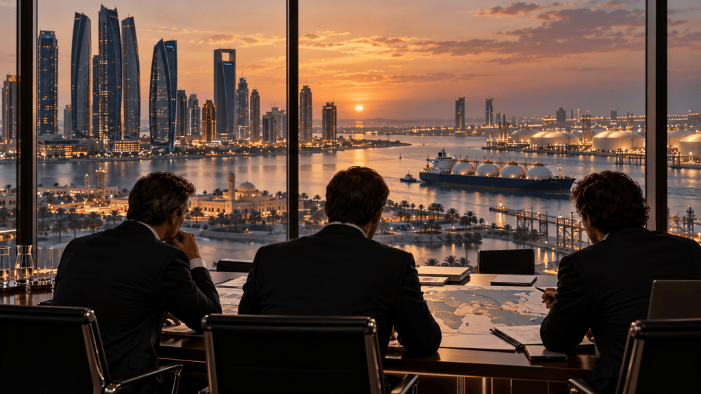Tres gestores analizan inversiones energéticas ante el skyline de Abu Dabi y un buque de gas natural licuado